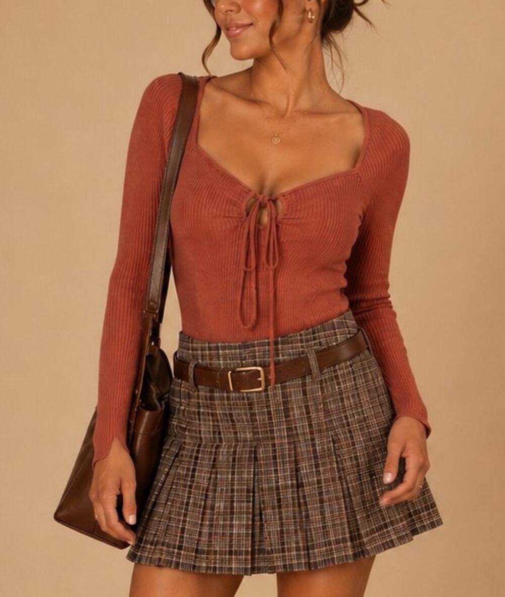 Abercrombie & Fitch Ribbed Keyhole Tie Bodysuit XS Brown Long Sleeve Knit Fall